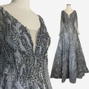 Lara NWT Crystal Ornate Long Sleeve A-Line Ball Gown sheer embroidered tulle 6